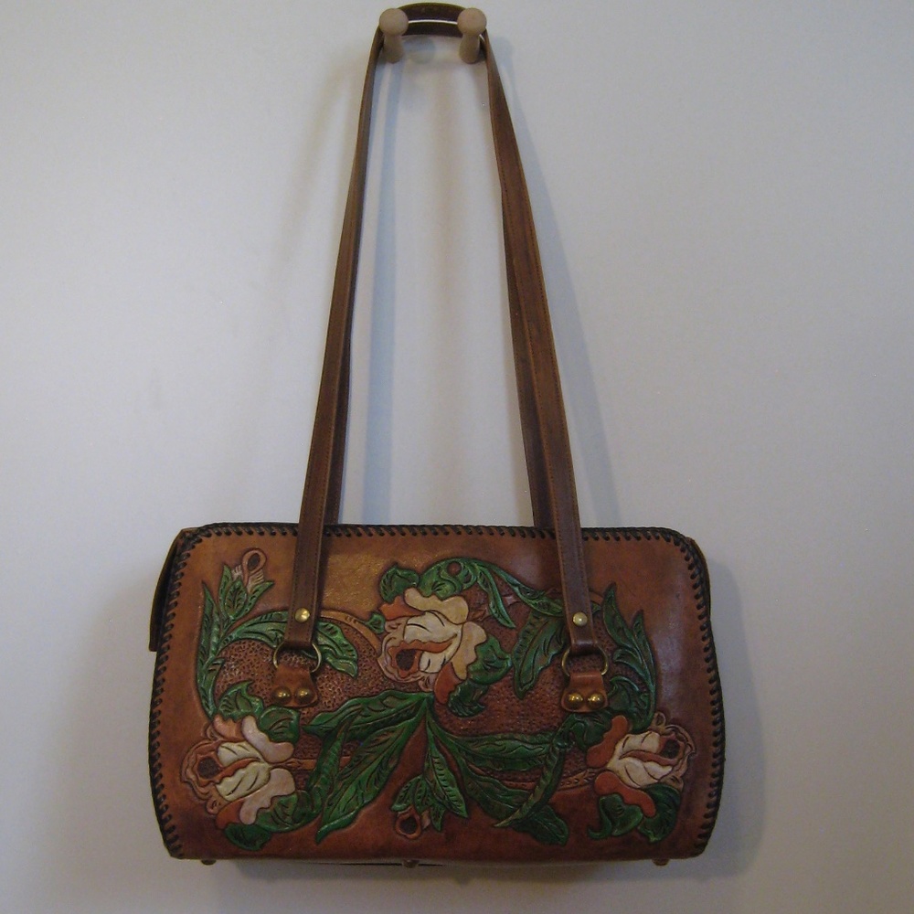 Vintage Hand Painted Tooled Leather Shoulder Bag